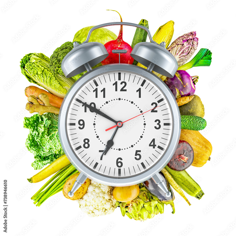 Poster fresh vegetables with alarm clock, 3d rendering isolated on transparent background