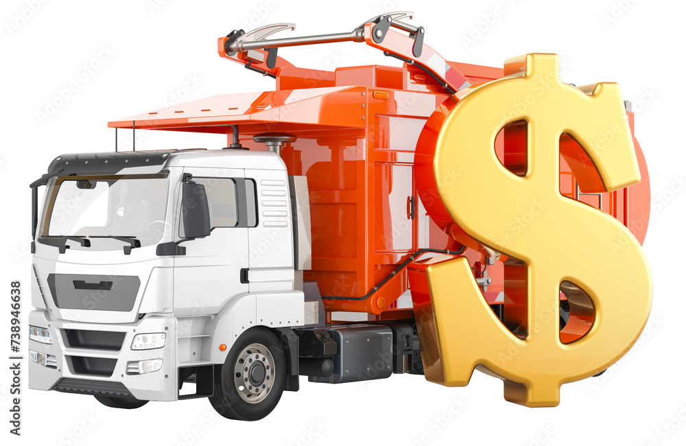 Poster garbage truck with dollar symbol, 3d rendering isolated on transparent background