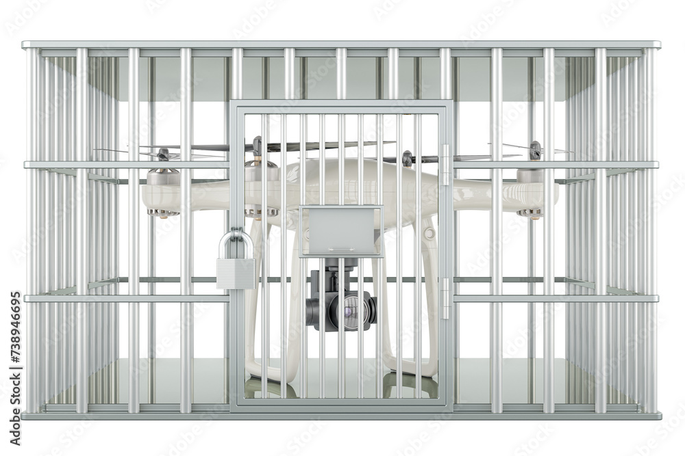 Poster drone inside cage, 3d rendering isolated on transparent background