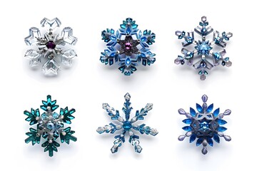 various pieces of blue snowflakes on white background