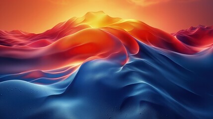 Obraz przedstawiający abstrakcyjną górę pustynną z kolorowego materiału z zachodem słońca na tle. - obrazy, fototapety, plakaty