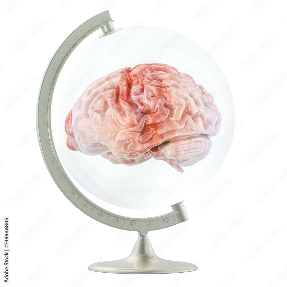 Poster world globe with human brain inside, 3d rendering isolated on transparent background