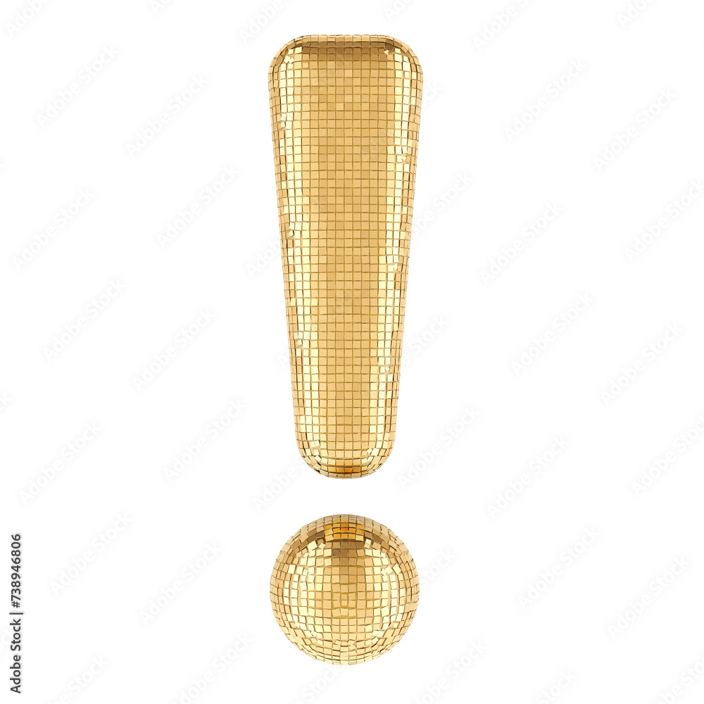 Poster exclamation mark from golden glitter mirror facets. 3d rendering isolated on transparent background