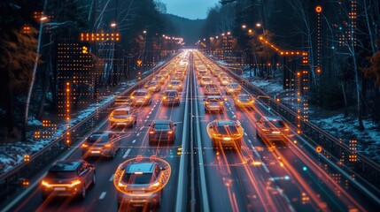 Zdjęcie przedstawia zatłoczoną autostradę nocą, gdzie ruch jest intensywny. Widać analizę danych i wykresy - obrazy, fototapety, plakaty