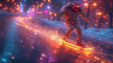 Mężczyzna jeździ na deskorolce w dół pokrytego śniegiem zbocza przy magicznym abstrakcyjnym oświetleniu - obrazy, fototapety, plakaty