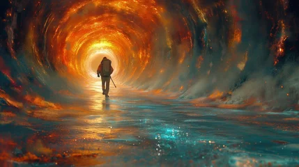 Fotobehang Osoba idąca przez tunel ognia i wody. © Artur