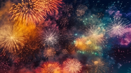 Fireworks glowing over the night sky neon colors. Festival, happines, celebration time. Banner design.
