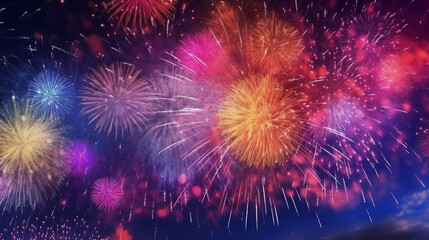 Fototapeta premium Fireworks glowing over the night sky. Fluorescent and neon color. Banner design.