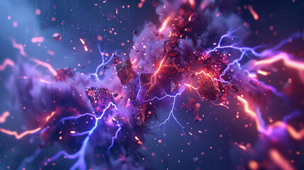 Lightning burst, glowing over the night sky. Fireworks, fluorescent and neon color. Electric storm power in the sky. Banner design.