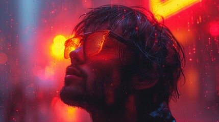 Mężczyzna w okularach przeciwsłonecznych stojący w deszczu.