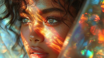 Zdjęcie przedstawia bliskie ujęcie twarzy kobiety przy przezroczystej zasłonce dającej efekt tęczy