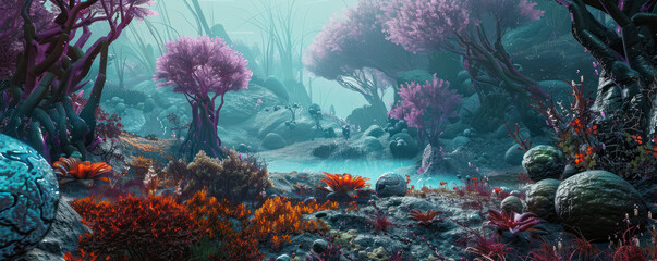 Alien world exploration first contact with extraterrestrial flora and fauna a lush vivid ecosystem - obrazy, fototapety, plakaty