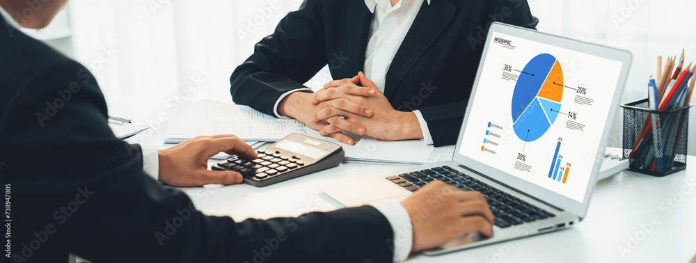 Poster business intelligence analyst team use bi software on laptop to analyze financial data dashboard. bu