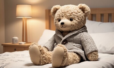 A teddy bear sitting on the bed
