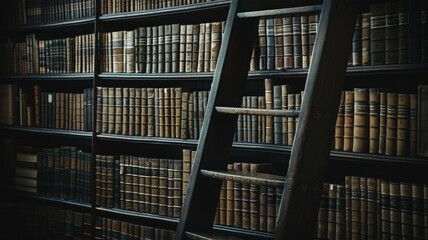 Vintage Library with Wooden Ladder and Books