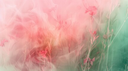 Beautiful abstract pink and green misty morning photo floral design background banner.