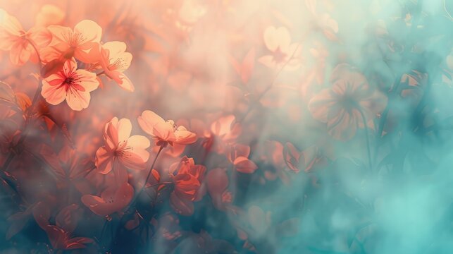 beautiful abstract teal pink orange misty morning photo floral design background banner.