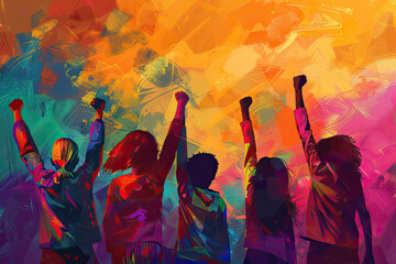 Colorful illustration of a group of women raising their fists. Gender equality and International Women's Day concept.