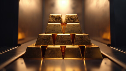 Stack of gold bars on a chrome metal vault, digital photography, close-up of gold bar. Showing a pyramid arrangement of gold bars on a reflective surface, illuminated with a warm, dim light.
