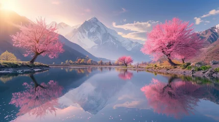 Crédence de cuisine en verre imprimé Everest dramatic sunset over flowing clear river with blooming pink cherry blossom or pink sakura on tree on the way travel to Mardi Himal, Himalaya area, China.
