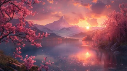 dramatic sunset over flowing clear river with blooming pink cherry blossom or pink sakura on tree on the way travel to Mardi Himal, Himalaya area, China.