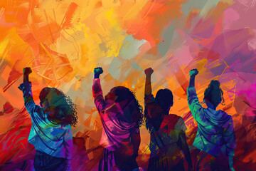 Colorful illustration of a group of women raising their fists. Gender equality and International Women's Day concept. - obrazy, fototapety, plakaty