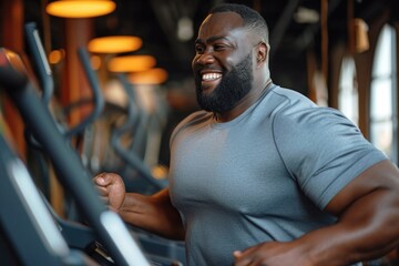 A powerful and plump African-American man is training intently in the gym, showing strength and determination - obrazy, fototapety, plakaty
