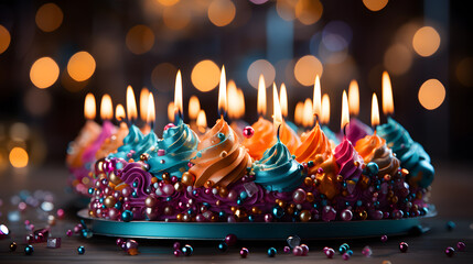 Celebration birthday cake with colorful sprinkles and twenty one colorful birthday candles