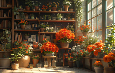 Serene Botanical Nook: A Sunlit Corner Brimming with Vibrant Orange Flowers