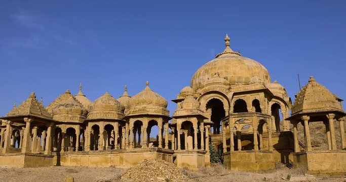 Golden Royal Cenotaphs of Bada Bagh, near Jaisalmer, India.