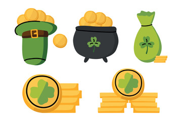 Set of gold coins, cauldron with gold coins in cartoon style