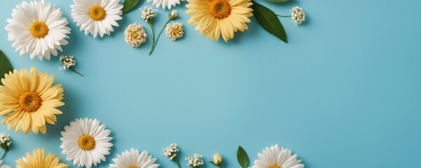 A banner made of flowers for a greeting card template for a wedding, or a women's holiday. A composition with space to copy and its own text.