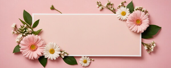 A banner made of flowers for a greeting card template for a wedding, or a women's holiday. A composition with space to copy and its own text.