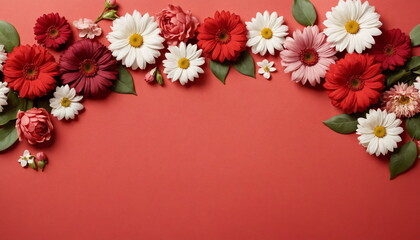A banner of flowers on a red background for a greeting card template for a wedding or a women's holiday. A composition with space for its own text.