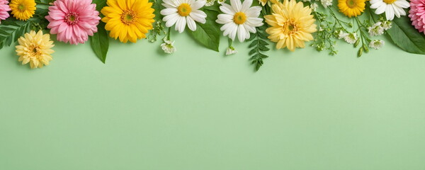 A banner of flowers on a green background for a greeting card template for a wedding or a women's holiday. A composition with space for its own text.