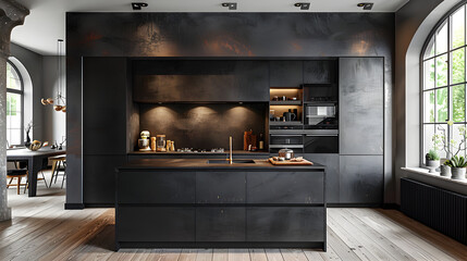 A minimalist black and white kitchen. Industrial interior design. Created with generative AI.