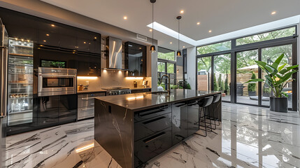 A monochromatic black and white kitchen. Modern lighting fixture interior design. Created with...