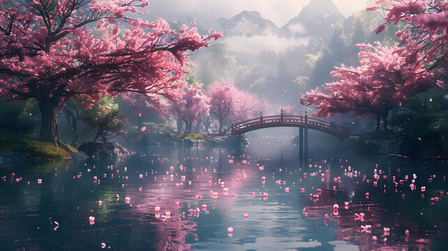 Cherry Blossoms Over Tranquil Pond - Serene Nature Wallpaper