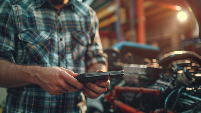 Mechanic using a tablet in front of a car engine inside a workshop.