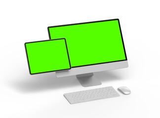 3d render of a desktop computer and tablet with a green screen on a light background.
