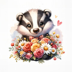 Cute Badger With Flowers Watercolor