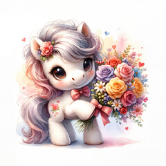 Lovely pony with flowers. Watercolor illustration for greeting cards and children's decor, stickers, nursery art. For Birthday, Valentine's Day and Mother’s day cards and invitations. 