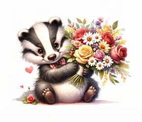 Cute Badger With Flowers Watercolor