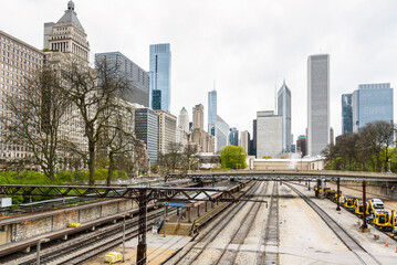 Deserted train station in downtown Chicago on a cloudy spring day