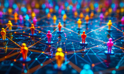 Colorful figurines connected by lines on a network grid illustrating concepts of social networking, community, connectivity, and teamwork in a digital era