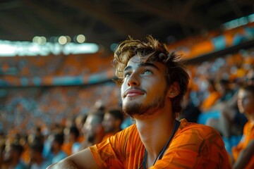Fototapeta premium Portrait of a young soccer fan enjoying a soccer match at a stadium