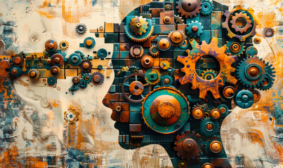 Artistic representation of a human profile with interlocking gears and cogs forming the brain, symbolizing innovation, creativity, and cognitive processes - obrazy, fototapety, plakaty