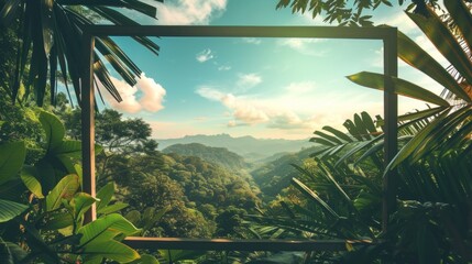 Scenic tropical landscape framed by foliage, with mountains and sky in the background, conveying a...