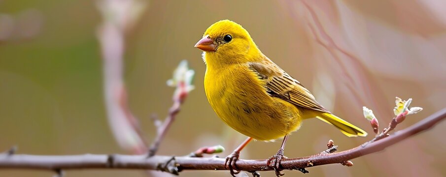 Vibrant yellow finch perched on a blossoming branch in springtime.