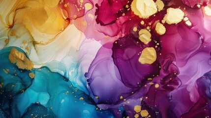 Abstract colorful background with alcohol ink waves and gold accents.